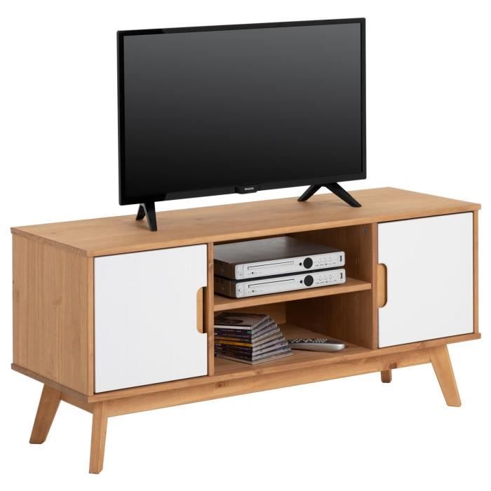 Meuble TV TIVOLI banc télé de 114 cm design vintage scandinave nordique 2 portes et 2 niches, pin massif finition bois teinté/blanc