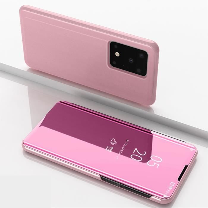 Coque Samsung Galaxy S20 Ultra,Clear View Étui à Rabat Translucide Standing Support Miroir Antichoc Portable Housse - Rose or