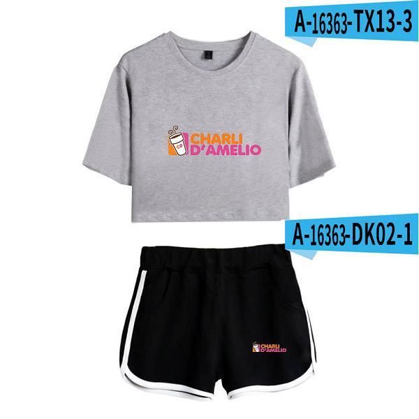 shorts summer,Nouvelle mode Charli D 'Amelio périphérique impression femme Midriff à manches courtes T + Shorts costume été à la Fi