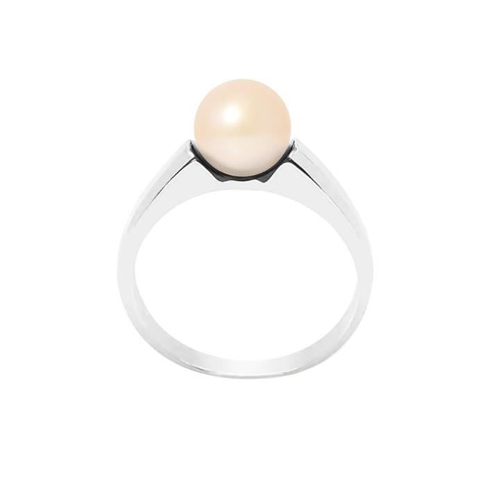 PERLINEA - Bague Véritable Perle de Culture d'Eau Douce Ronde 7-8 mm - Colori Rose Naturel - Argent 925 Millièmes - Bijou Femme