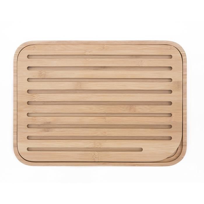 PEBBLY - NBA037 - Grande planche à pain L en bambou sans couleur avec grille amovible - Matériau naturel et résistant