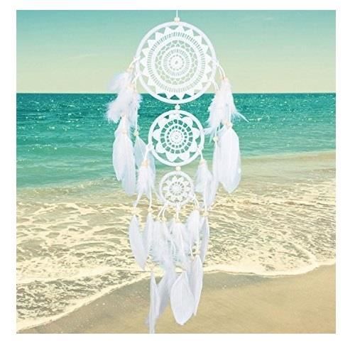 Soledi - Attrape-rêves Blanc Longueur : 65 cm Dream Capteur Indien artisanal Traditionnel Plume Blanc déco mural Suspendu Ornement