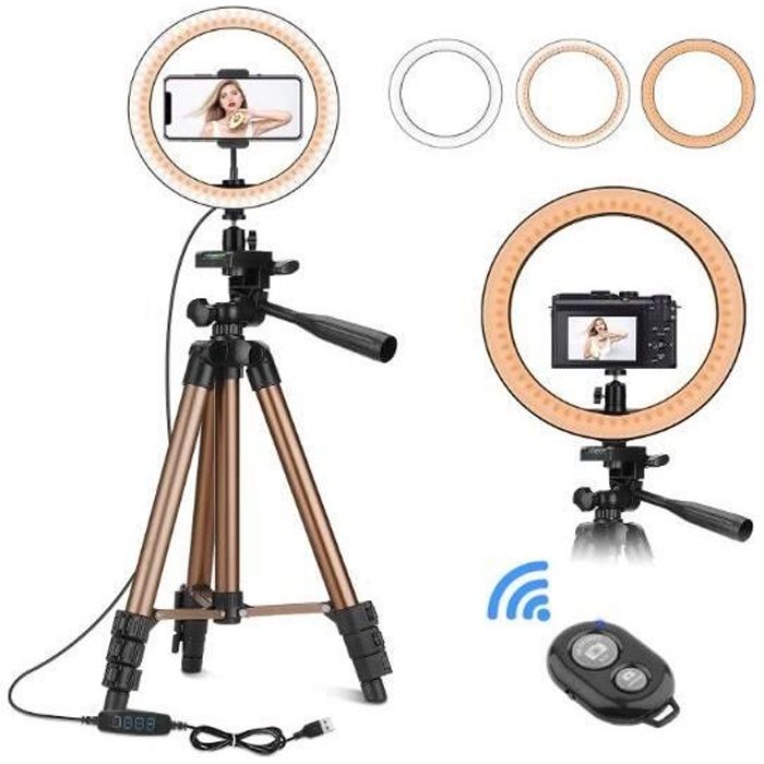 10'' Ring Light avec trépied,Anneau Lumineux 50'' trepied avec Support de Téléphone et télécommande,avec 3 Modes d'éclairage 10 Nive
