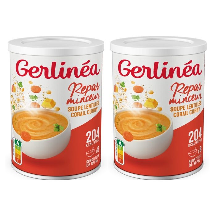 Gerlinéa - Soupe saveur Lentilles Corail Curry - Substitut de Repas Complet et Rapide - Riche en Protéines - 8 repas/pot - Lot de 2