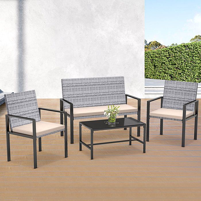 Ensemble de meubles de patio - BIGZZIA - 4 personnes - Résine imitation rotin tressé - Gris