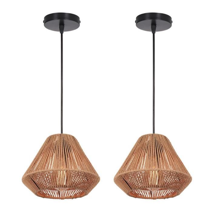 WOTTES Lustre Rotin Luminaire Vintage Industrielle 2PCS Boho Lampe Suspension Ø24cm Abat-jour en Métal et Corde de Chanvre Salon