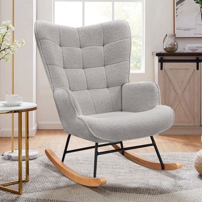 Fauteuil à Bascule Fauteuil à Oreilles Rembourré Chaise Relaxante Pieds en Métal et en Bois Massif Gris clair