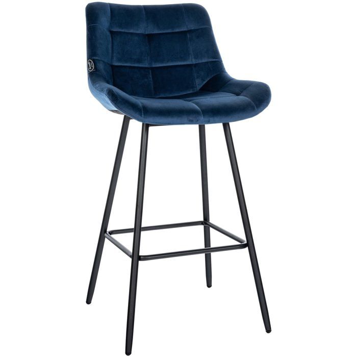 Tabouret de bar x1 avec repose pieds revêtement en velours bleu pietement a quatre pieds en metal noir 10_0005462 Tabouret de bar x1 avec repose pieds revêtement en velours bleu pietement a quatre pieds en metal noir 10_0005462
