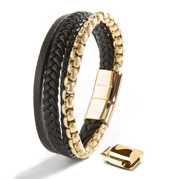 SERASAR Bracelet en cuir pour homme [Hero] avec fermoir en acier inoxydable et magnétique Couleur : or Longueur : 23cm