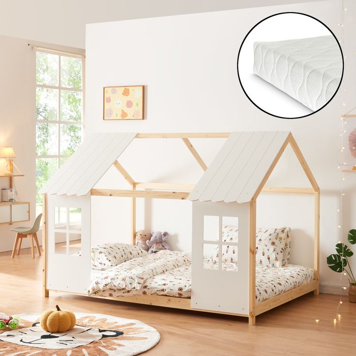 Lit cabane Tostedt pour enfant 120 x 200 cm avec matelas sommier à lattes bois de pin naturel blanc [en.casa]