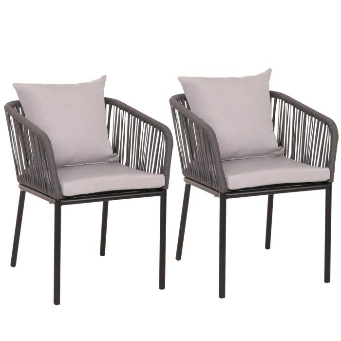 Lot de 2 chaises de jardin avec accoudoir cadre en aluminium anthracite corde en maille coussin gris clair 04_0007307 Lot de 2 chaises de jardin avec accoudoir cadre en aluminium anthracite corde en maille coussin gris clair 04_0007307