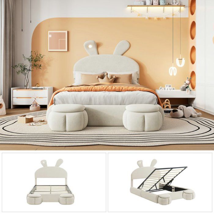 Lit enfant - LANGTU - Oreilles de lapin - Velours beige - 140x200 cm - Rangement & LED