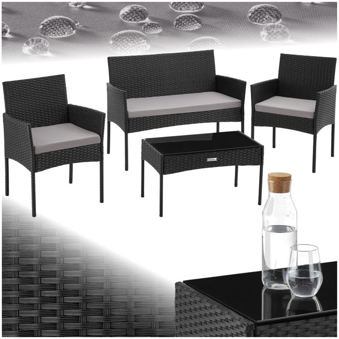Salon de jardin - TECTAKE - Ensemble détente dextérieur PALESE 4 places en résine tressée 2 fauteuils et 1 canapé et table - Noir