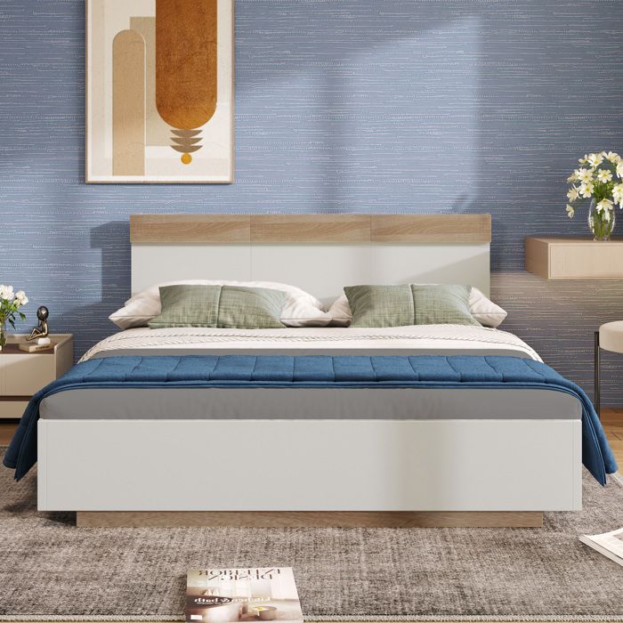 Lit Double Flottant 160x200cm - Bois Chêne Sonoma&Blanc - Tête De Lit Intégrée & Sommier Lattes - Design Moderne(sans Matelas) Lit Double Flottant 160x200cm - Bois Chêne Sonoma&Blanc - Tête De Lit Intégrée & Sommier Lattes - Design Moderne(sans Matelas)