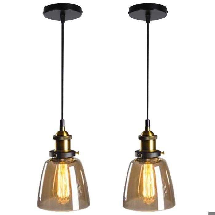 Diday 2pcs Lustre Suspension IndustrielLampe de Plafond Abat-jour en Verre Luminaire Vintage Style Edison pour Salon ChambreAmbre
