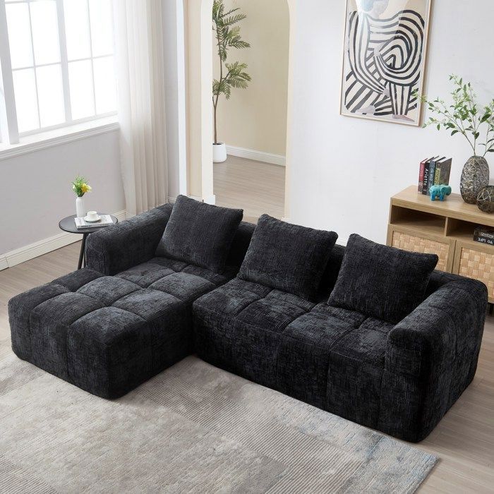 Canapé 2 Places Convertible En Chenille - Modulaire Avec Rangements Et Coussins, Idéal Salon Ou Chambre (Noir)