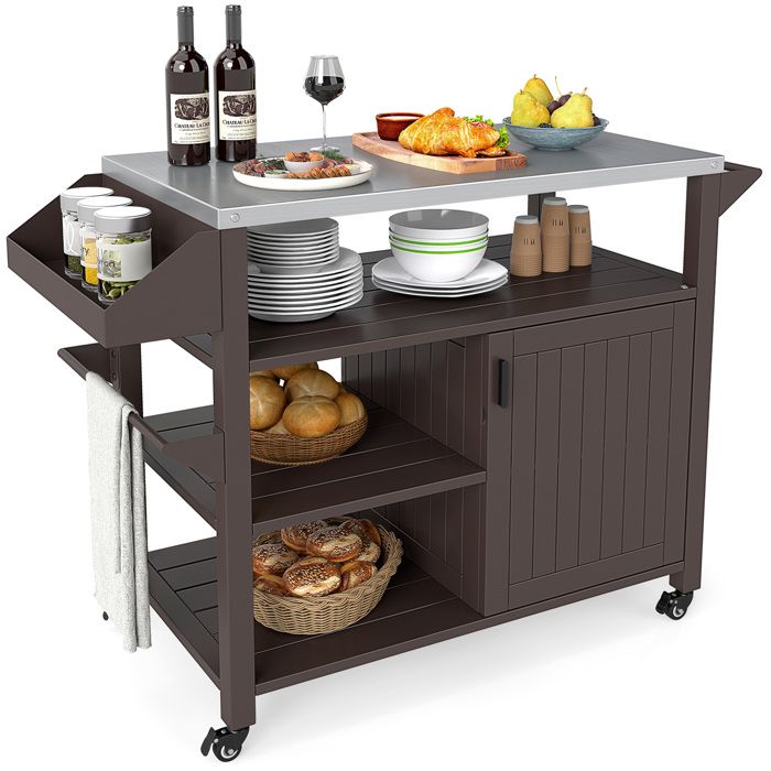 COSTWAY Chariot de Barbecue Extérieur Mobile Armoire de Rangement Étagères et Plateau en Acier Inoxydable Porte-épices pour BBQ
