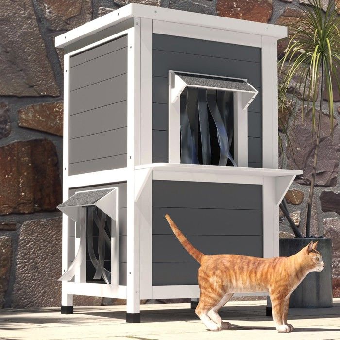 Comparer les prix de Niche Cat House - Cabane 2 étages bois résistante intempéries toit gris & blanc 60x60x81.5cm - Pour chat confortable