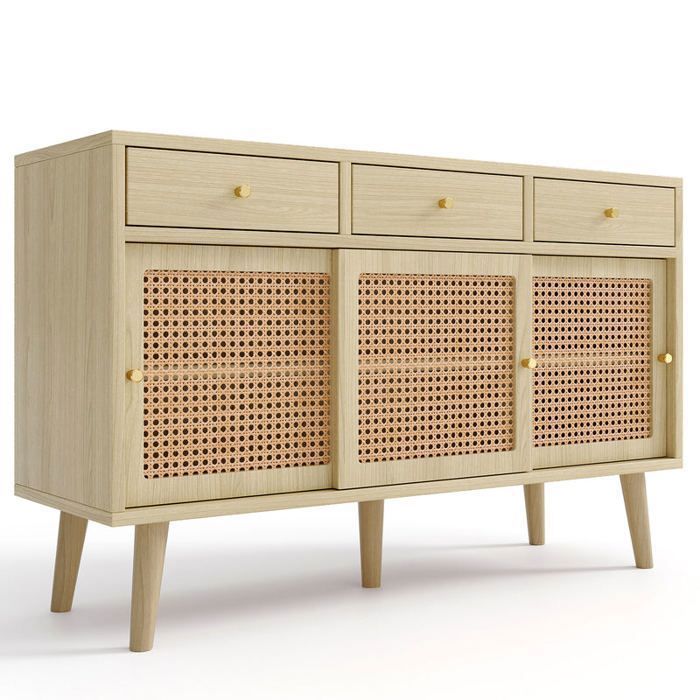 MEUBLES COSY Buffet rétro en bois chêne avec 3 tiroirs 3 portes coulissantes en rotin et étagères réglables – 120x40x78 cm MEUBLES COSY Buffet rétro en bois chêne avec 3 tiroirs 3 portes coulissantes en rotin et étagères réglables – 120x40x78 cm