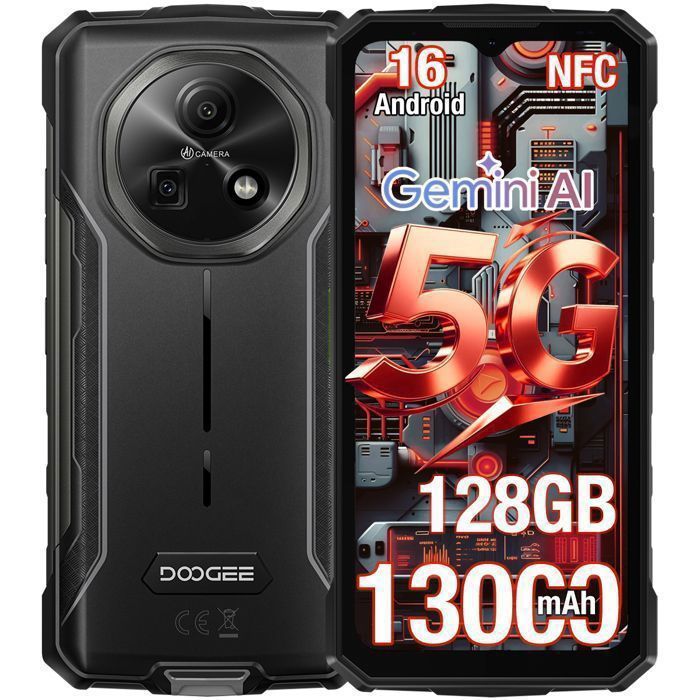 Doogee Fire 7 Smartphone 5G Robuste  256 Go ROM Caméra 64MP 6.6 écran Batterie 13000mAh Android 15 Double SIM NFC GPS - Noir