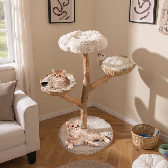Meilleurs prix pour Arbre à Chat Multi-Niveaux 122 cm COSTWAY Branches en Bois Massif Perchoir 2 Paniers en Rotin Griffoir en Jute Boule Suspendue