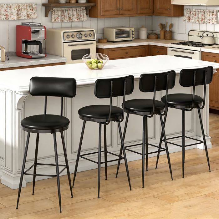 Lot de 4 Tabourets de Bar sans accoudoirs Chaise en PU Chaise de Cuisine avec Dossier avec Repose-Pieds Noir