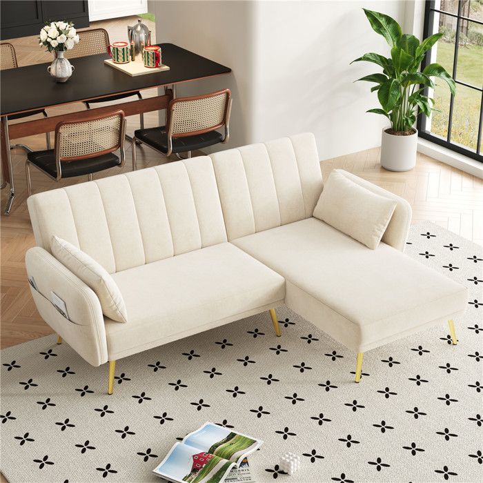 Canape dangle convertible 3 places pliant réglage dangle à 3 positions avec coussins et rangement velours multifonctionnel beige