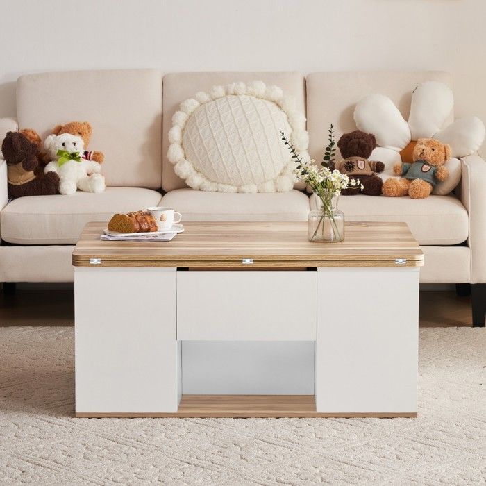 Table Basse Rotative 360° Avec Double Plateau Et Tiroirs - Noyer Moderne 60x60x38 Cm