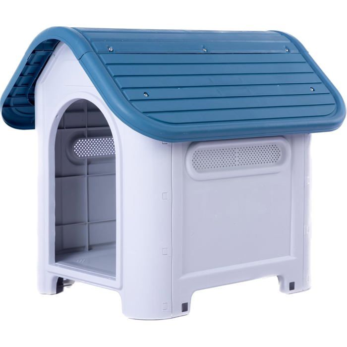 Goplus – Niche pour chien en plastique – Plancher surélevé et toit étanche – Ventilation optimisée – Pour intérieur et extérieur – Bleu et blanc – S