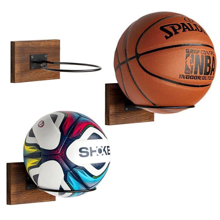 Support Mural Ballon Porte Ballon Mural en Bois et Métal Support Ballon Basket Foot Volley Rugby Brun Rustique