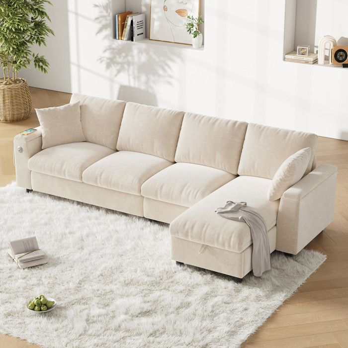 Canapé dangle en chenille - 280x137x84 cm - Beige - Table basse dépliable - Espace de rangement dans accoudoirs