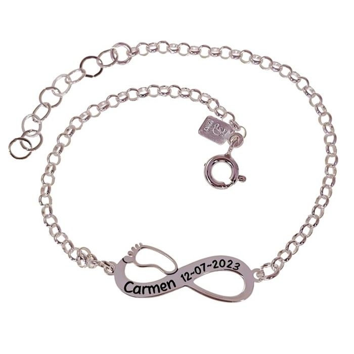 Bracelet personnalisable en argent sterling 925 175 cm avec nom et date de naissance breloque infini 15 mm.