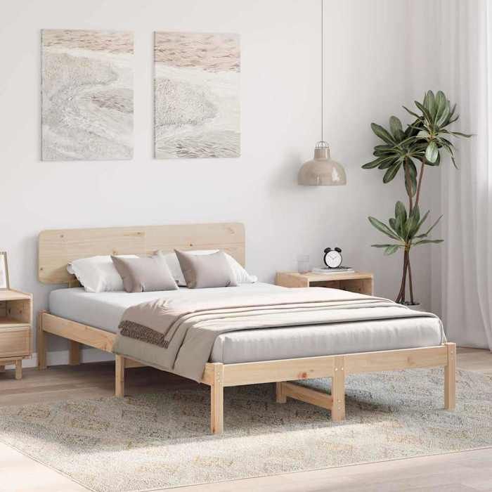 Structure de lit en pin massif - UU - 140x190 cm - Naturel - Cadre à lattes - Tête de lit incluse - Pin massif