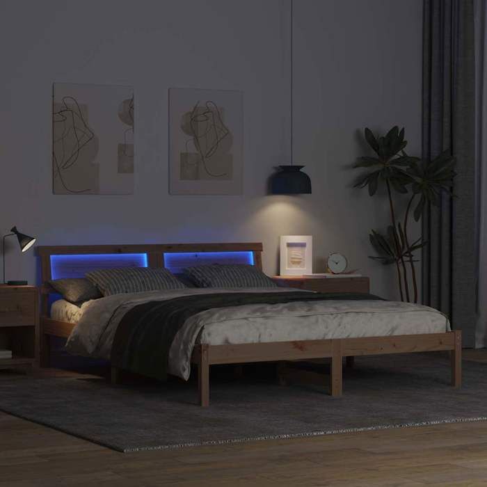 Structure de lit avec tête de lit - UU - 160x200 cm - Pin massif - Marron - Cadre à lattes - Prise USB