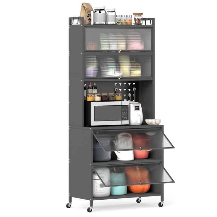 Buffet de Cuisine à 6 Niveaux COSTWAY avec Lumières Portes Battantes Panneau Perforé Crochets 4 Roues ou Pieds AjustablesNoir