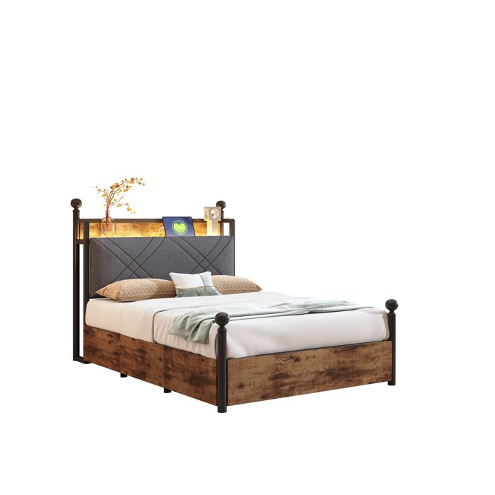 Lit simple 90x190 cm - Lit Avec LED Intégré Et Tiroirs de Rangement Ports USB/Type-C Métal Noir Sans Matelas