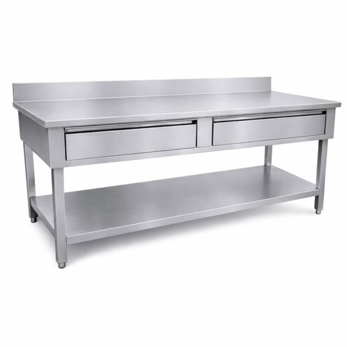 Table inox adossée 1400 x 600 mm - 2 tiroirs - étagère basse - dosseret 100 mm - cuisine professionnelle