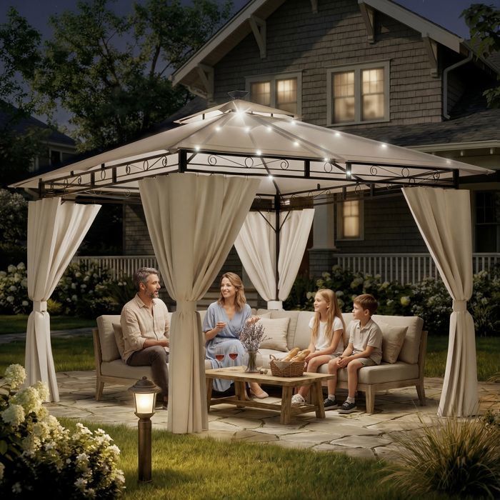 Tonnelle de Jardin 3x3 avec Éclairage Imperméable Deluxe Tonnelle Pergola Jardins Exterieur pour 4-6 Personnes Beige