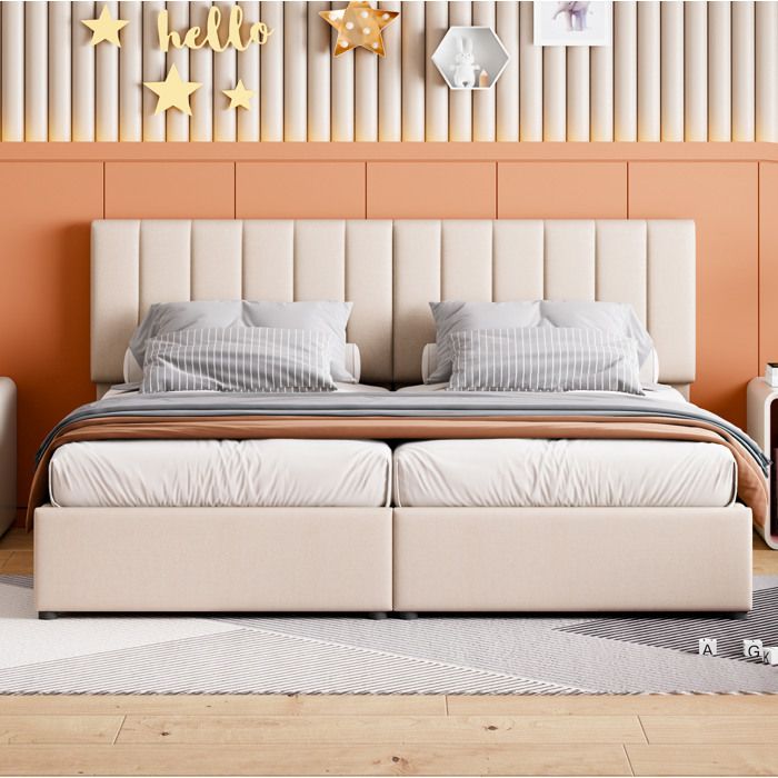 Lit adulte 180x200 cm avec rangement hydraulique convertible en 2 lits 90 cm tête réglable tissu beige