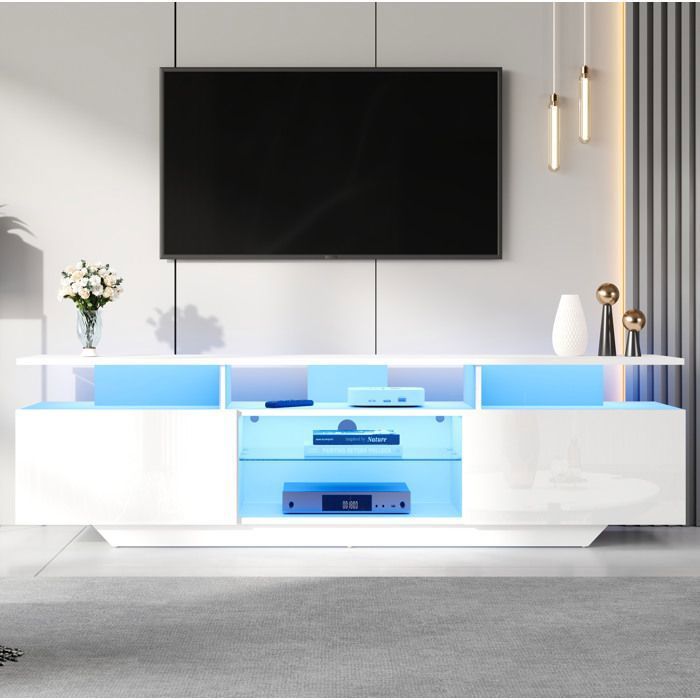 Meuble TV blanc L 160 x P 40 x H 45 cm 2 placards LED via appli étagères verre trempé