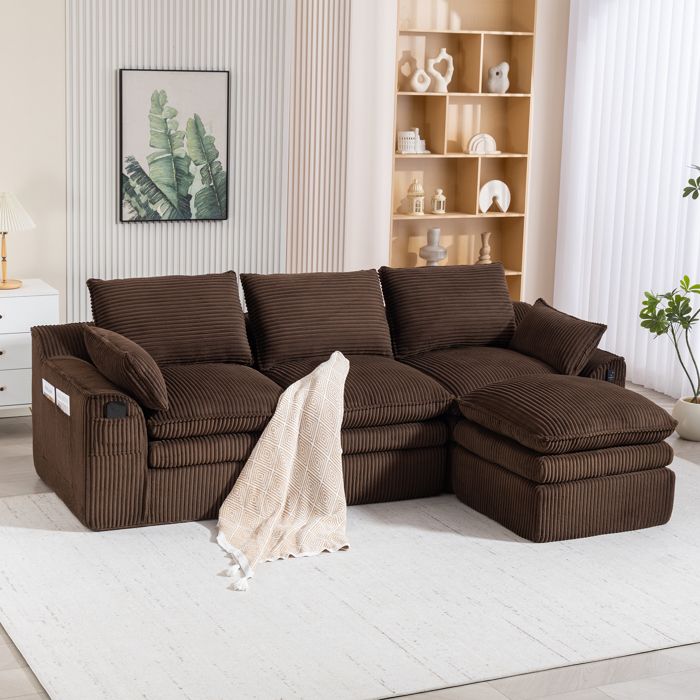 Canapé modulable 3 places marron L 263 x P 167 x H 85 cm avec pouf poches latérales sans montage