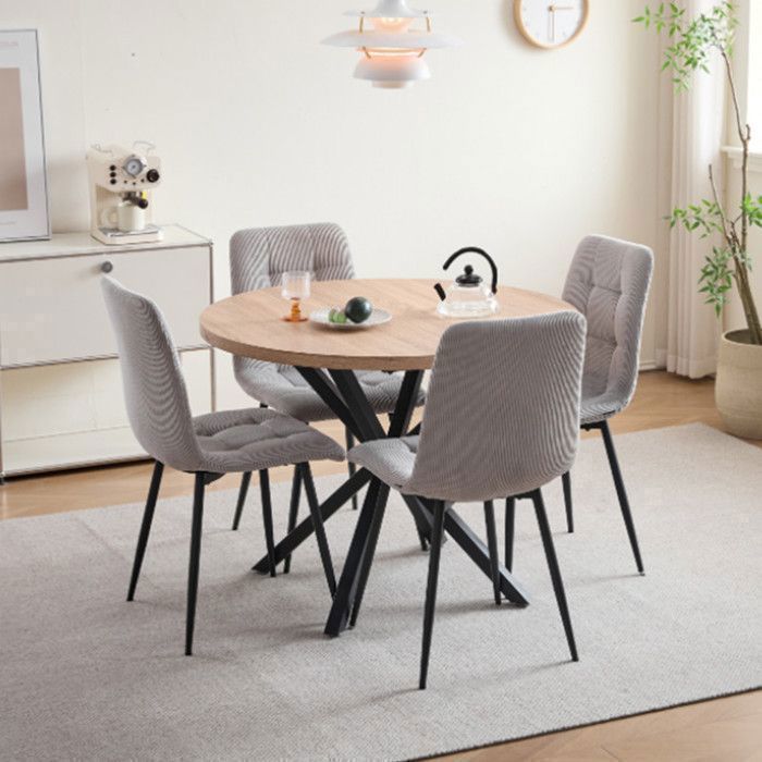 Ensemble de salle à manger — Table ronde — Piètement en métal — 4 chaises de salle à manger en velours côtelé — Gris