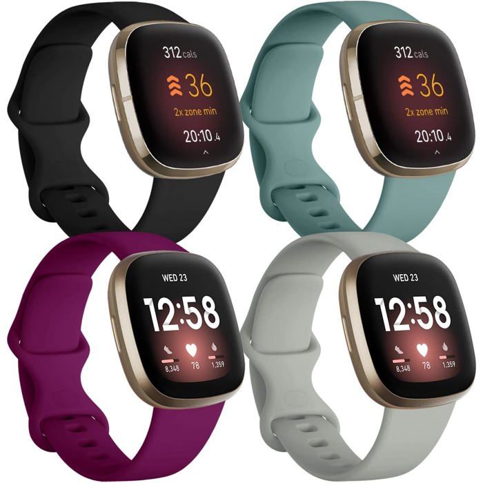 Bracelet de remplacement en silicone - LEVYS - Compatible Fitbit Versa 3/Sense - 4 pièces - Noir/Vert Pin/Gris/Fuchsia