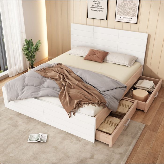 Lit double 180x200 cm blanc et chêne clair avec 2 tiroirs et rangement sous lit