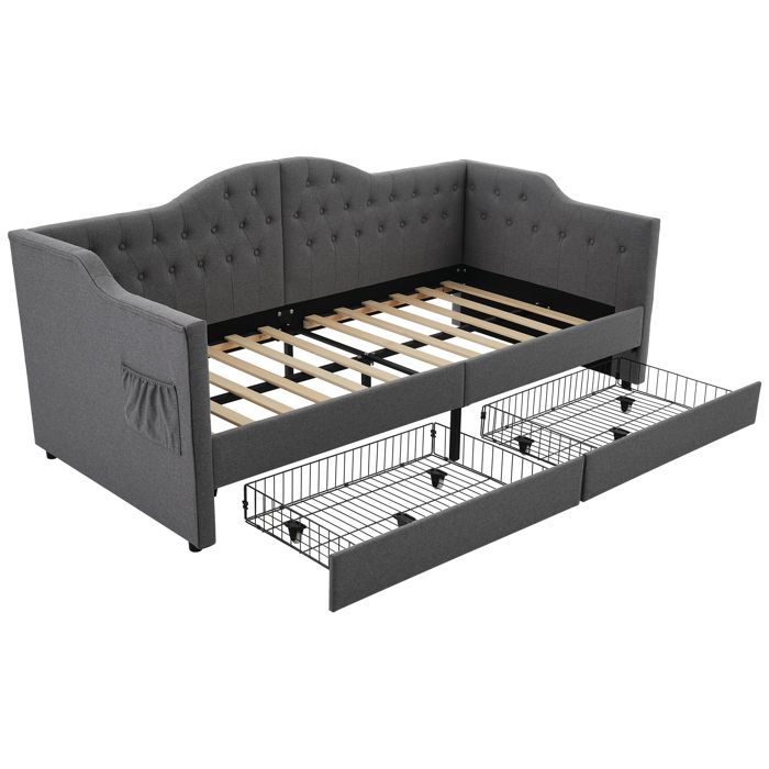 VLIVRA Lit Banquette Lit Simple 2 Tiroirs Poches USB et Type-C 90×200 cm sans matelas en Lin Gris