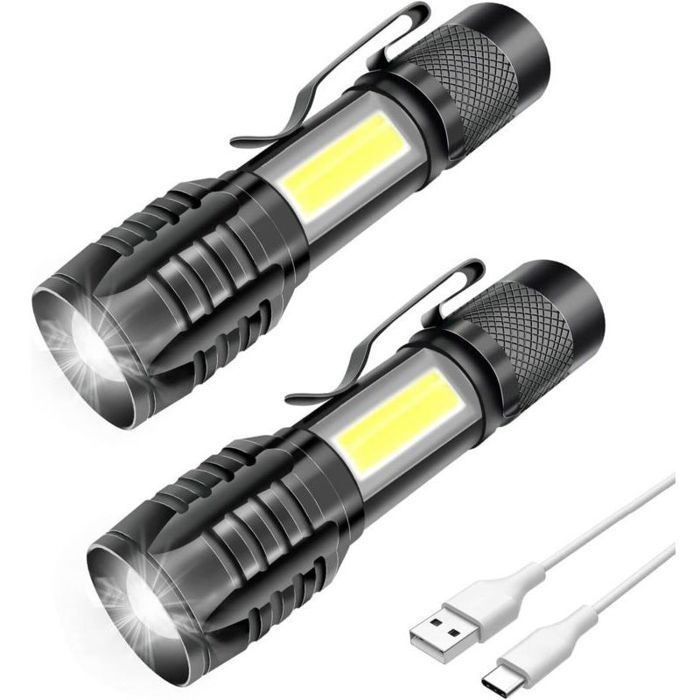 Lot de 2 lampes de poche LED rechargeables puissantes professionnelles 3 modes zoomables COB petite poche à LED avec aimant IP5