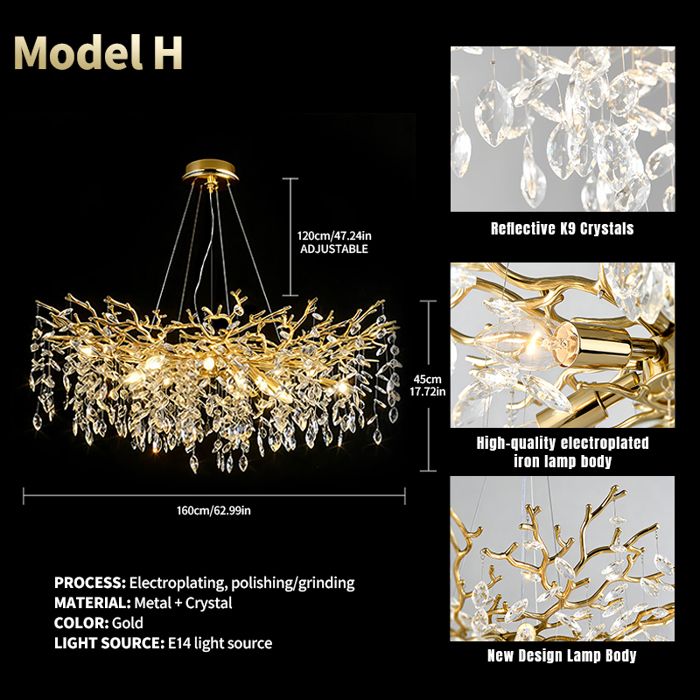 Lustre XXL en Cristal K9 160 cm Grande Suspension Dorée Style