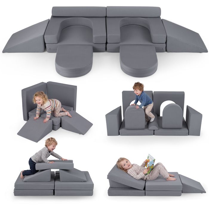 Canapé Enfants Convertible-COSTWAY-Lit Modulable 10 Pièces Mousse Suédée Housses Amovibles Lavables Grimper Ramper 3+ Ans Gris