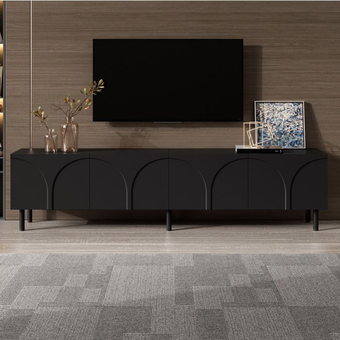 Meuble TV bas noir 180 x 445 x 49 cm 4 portes 2 espaces de rangement séparés pieds en métal