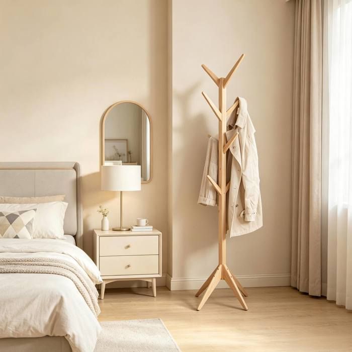 Manteau-hallier en bois massif 43x43x180 cm - 8 crochets - Design moderne - Couleur naturelle